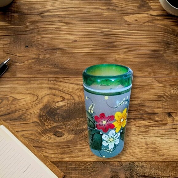 Mexican Made Hand Painted Frosted Glass Floral Design Set of 2 Shot Glasses… - Picture 7 of 7